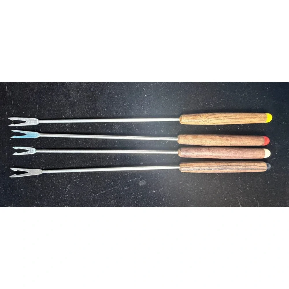 Vintage Fondue Forks Set of 4 Wood Handle Stainless Steel Color Coded Skewers